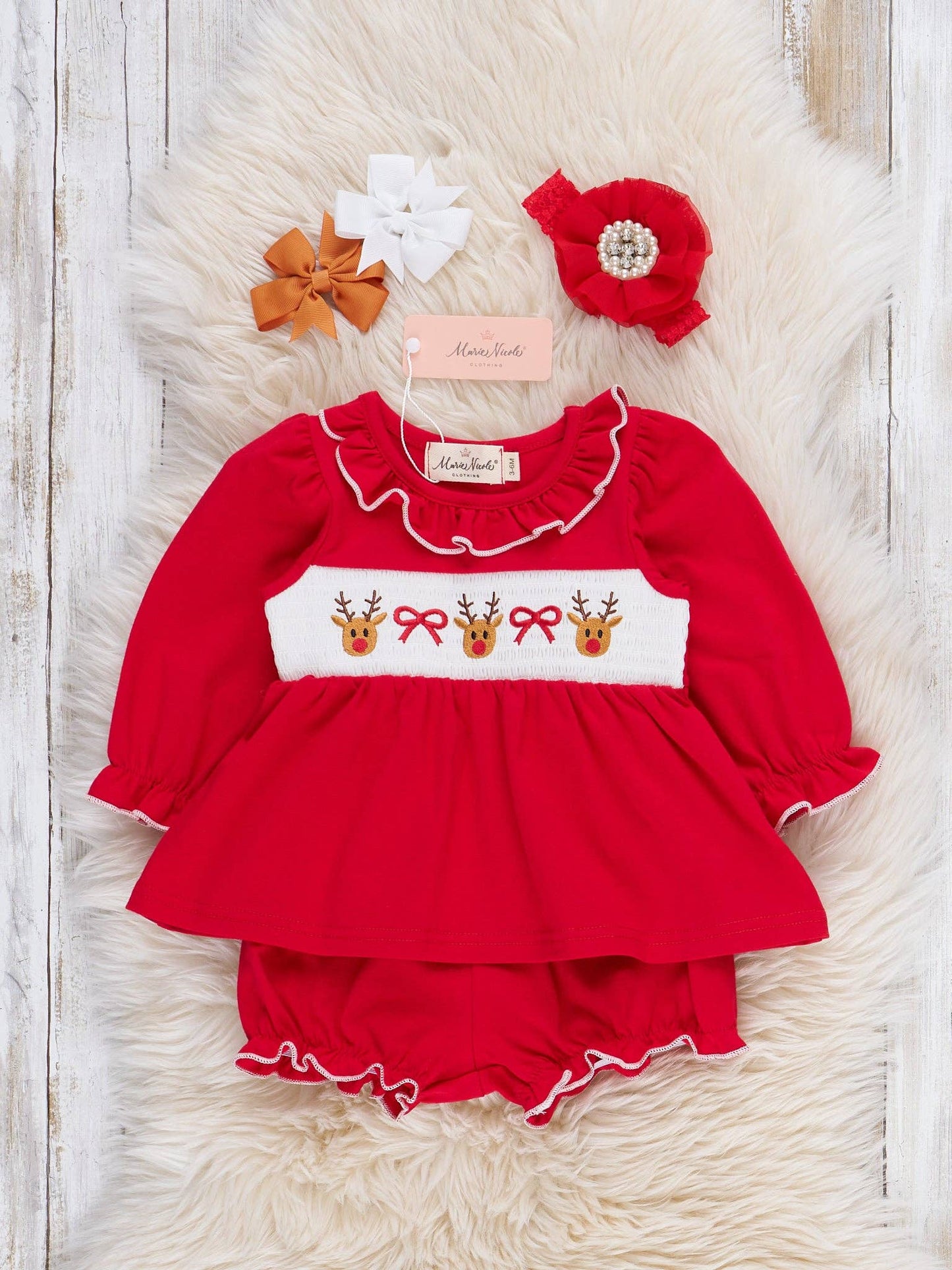 Reindeer Ribbons Smocked Bloomers Outfit