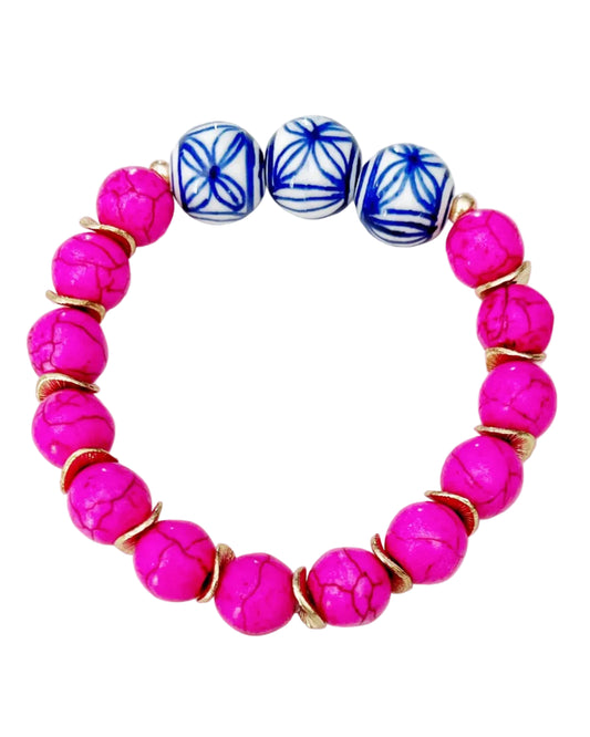 Pink Turquoise Gemstone & Chinoiserie Bead Bracelet
