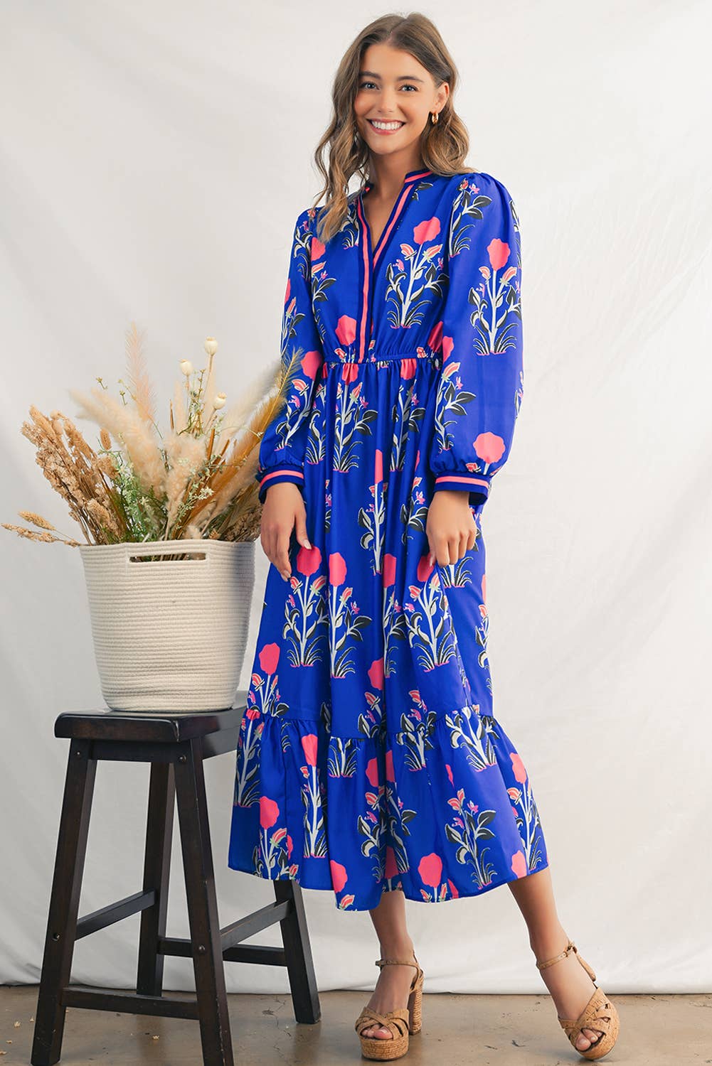 Vibrant Blue Floral Midi Dress