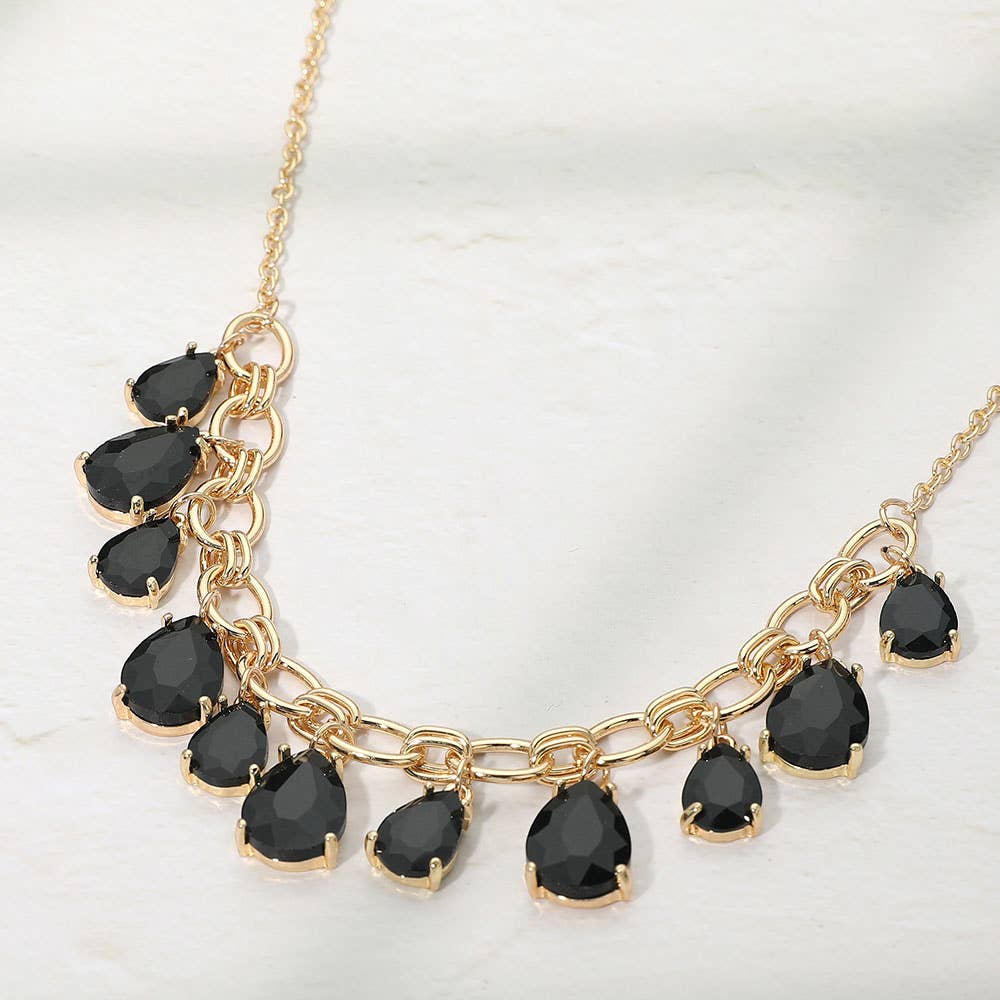 Black Cushion Teardrop Cluster Drop Necklace