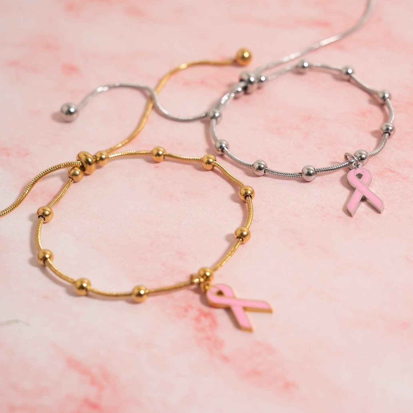 Breast Cancer Awareness Adjustable Ribbon Charm Bracelet