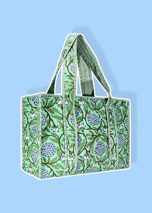 Green Floral Cotton Tote Bag- Small & Large