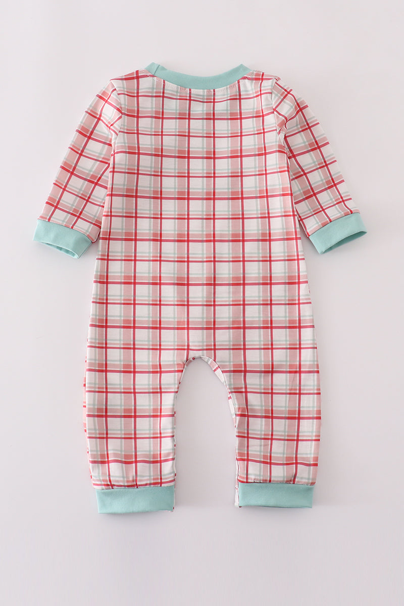 Red Plaid Farm Embroidery Romper