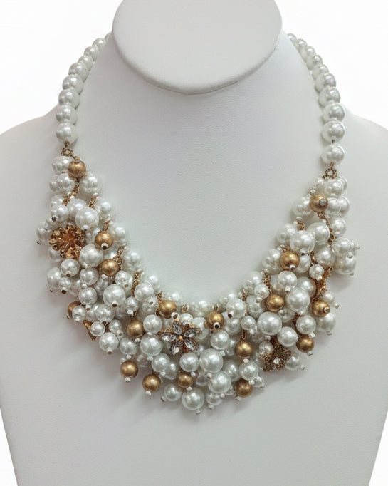 Vintage Regal Faux Pearl & Gold Filigree Cluster Collar Necklace