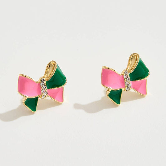 Pink & Green Bow Stud Earrings