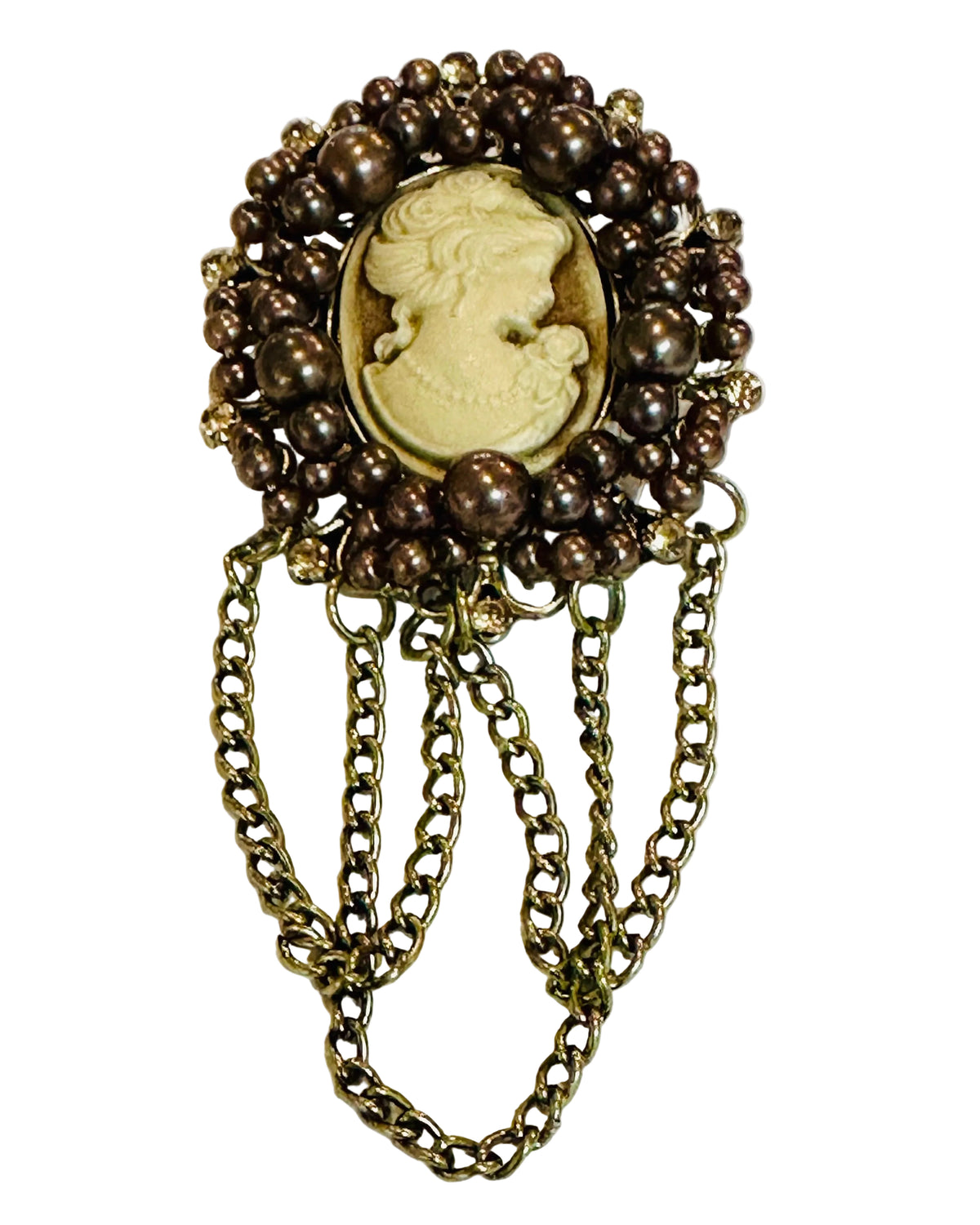 Vintage Victorian Revival Faux Wine Pearl & Swag Chain Cameo Brooch