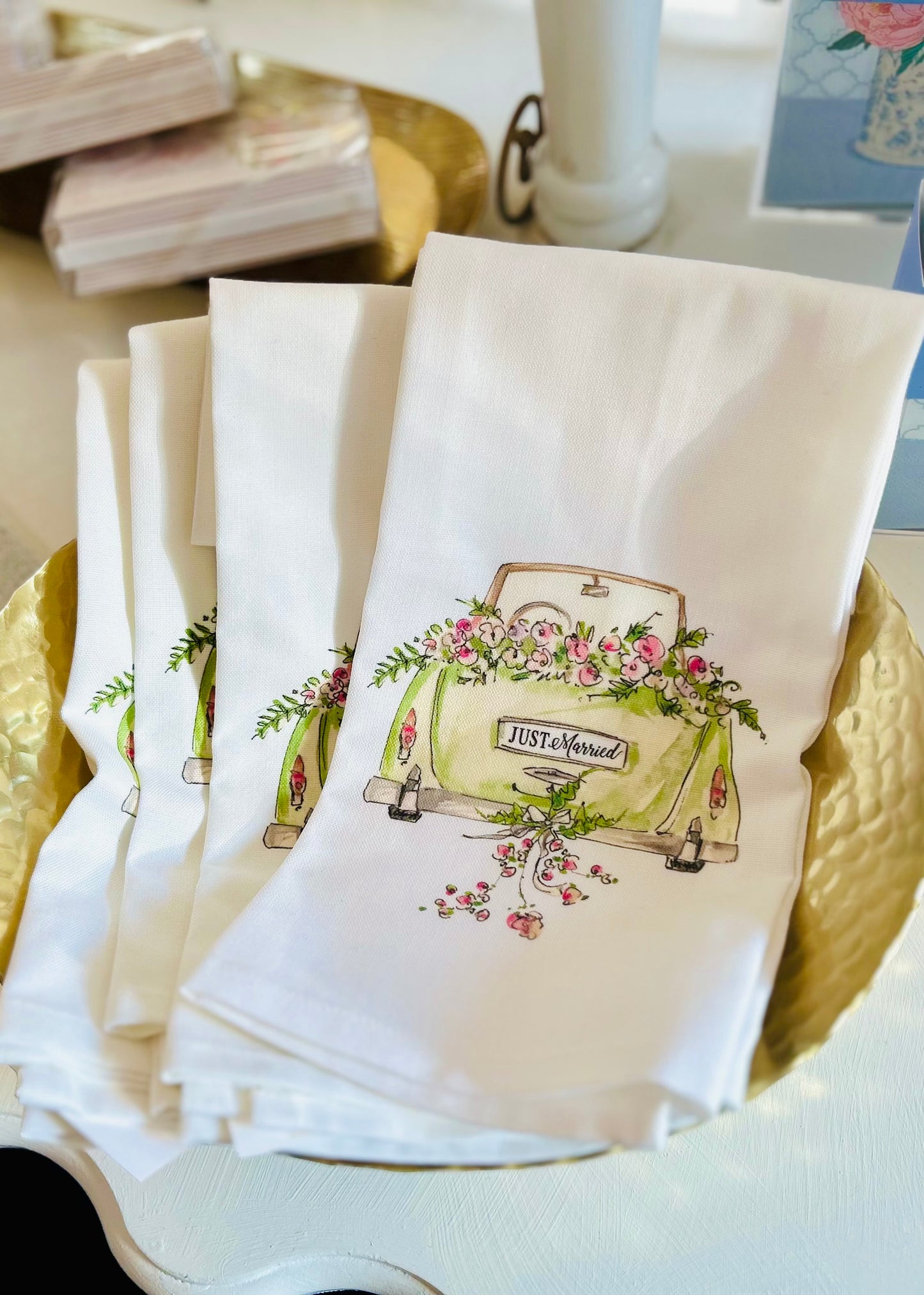 Handpainted Just Married Getaway Car Kitchen Towel