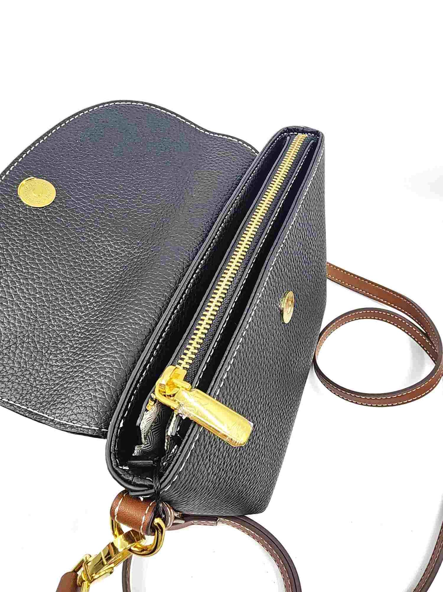 Genuine Pebble Leather Zip Flap Shoulder Handbag