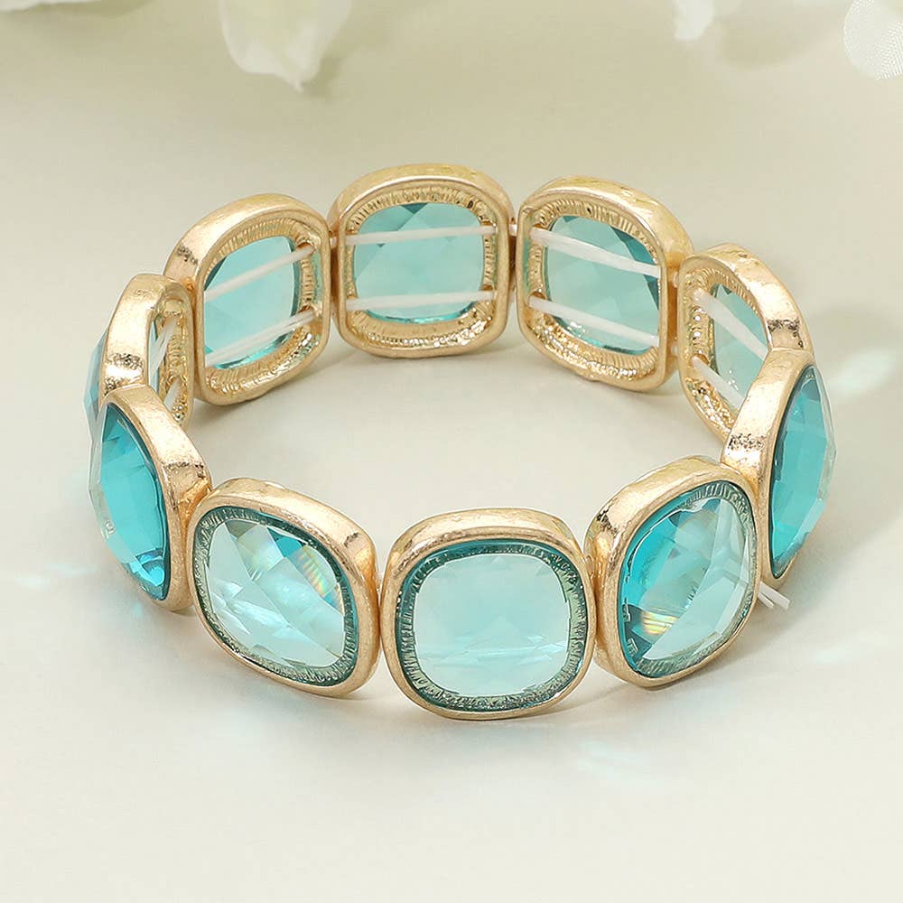 Round Square Glass Stone Frame Beaded Stretch Bracelet