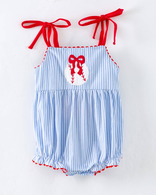 Girls Baseball Bow Pinstripe Romper