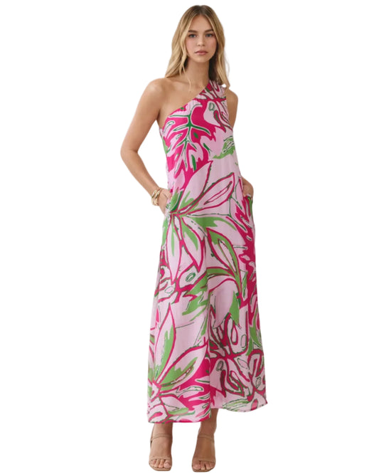 One Shoulder Tropical Print Maxi Dress