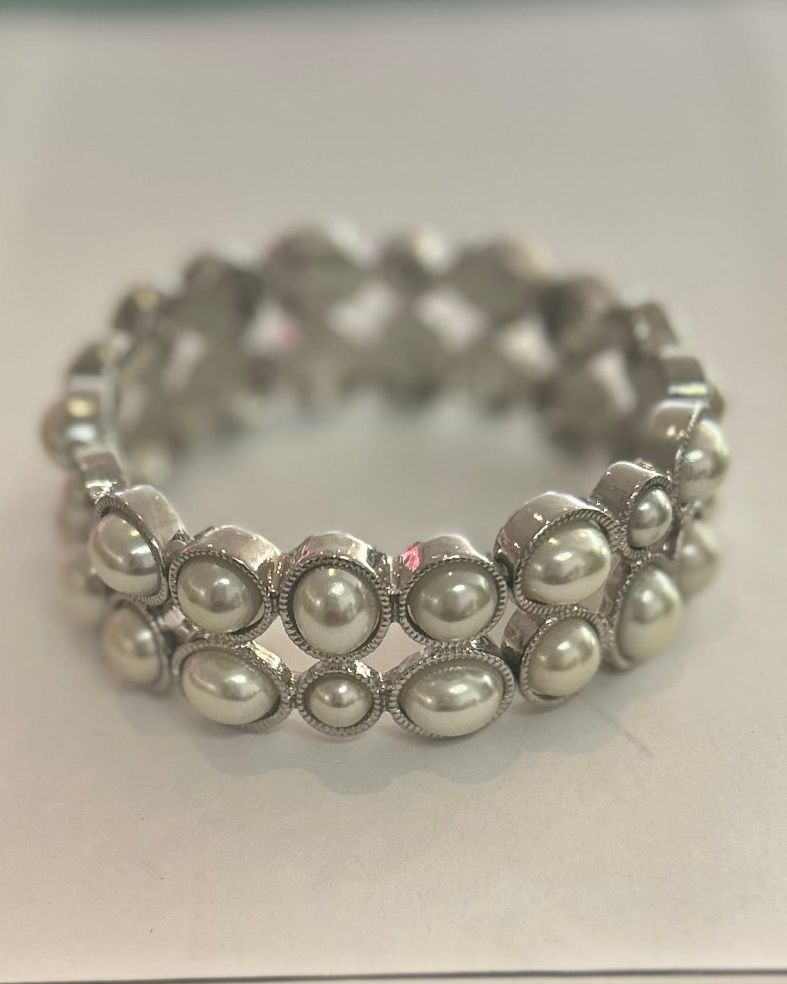 Vintage Silver-Tone Pearl Panel Statement Bracelet