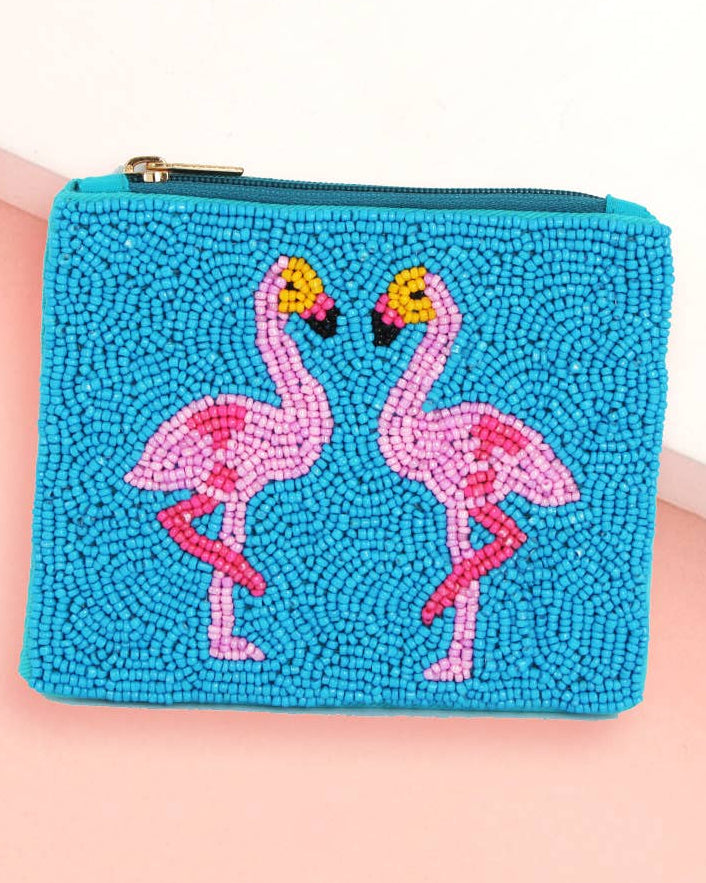 Flamingo Seed Beaded Mini Pouch Bag
