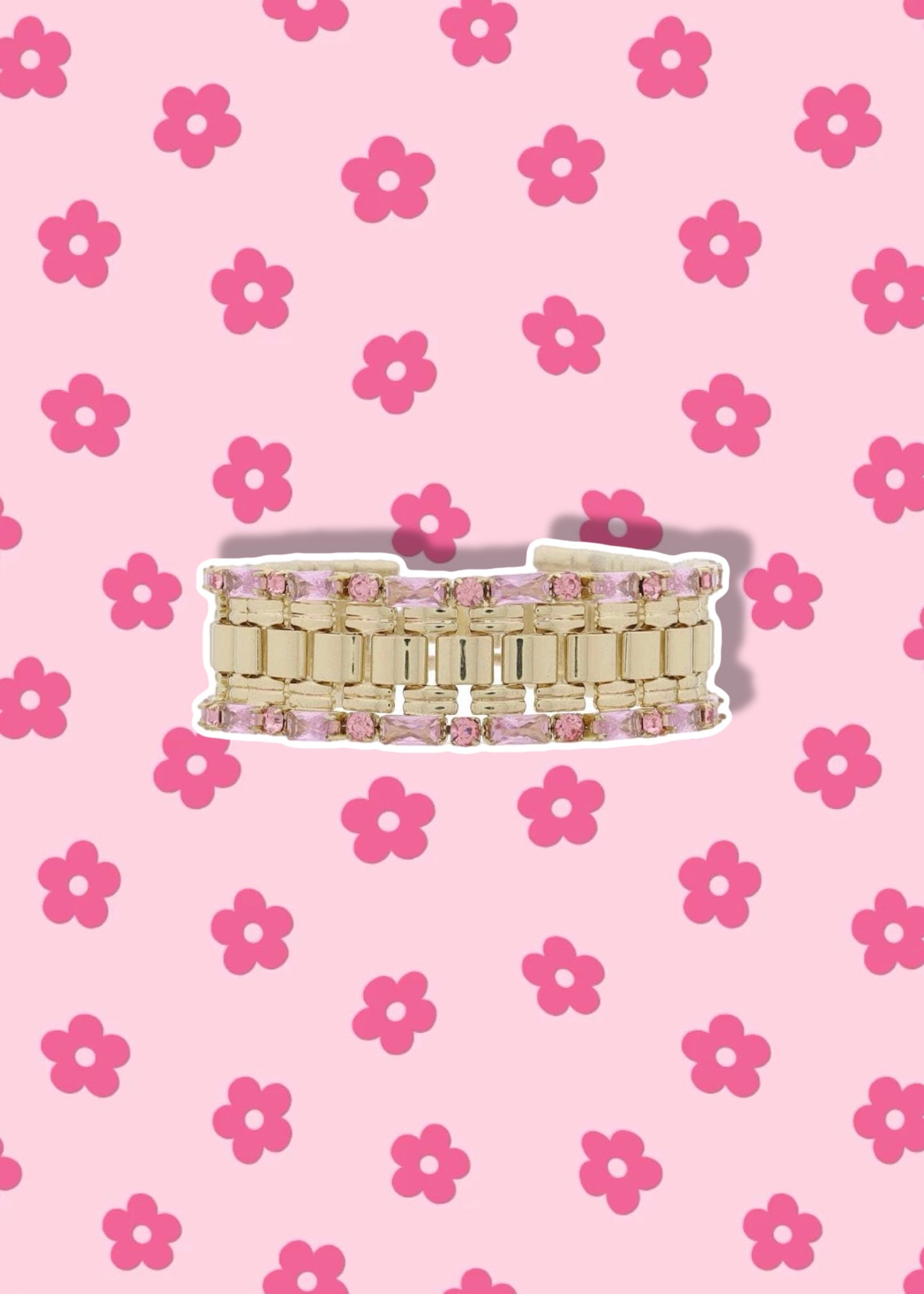 Gold Watch Band with Pink Baguette & Crystal Edge Bracelet