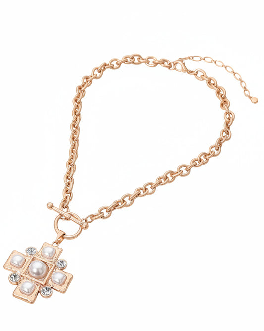Pearl Cross Toggle Pendant Statement Necklace