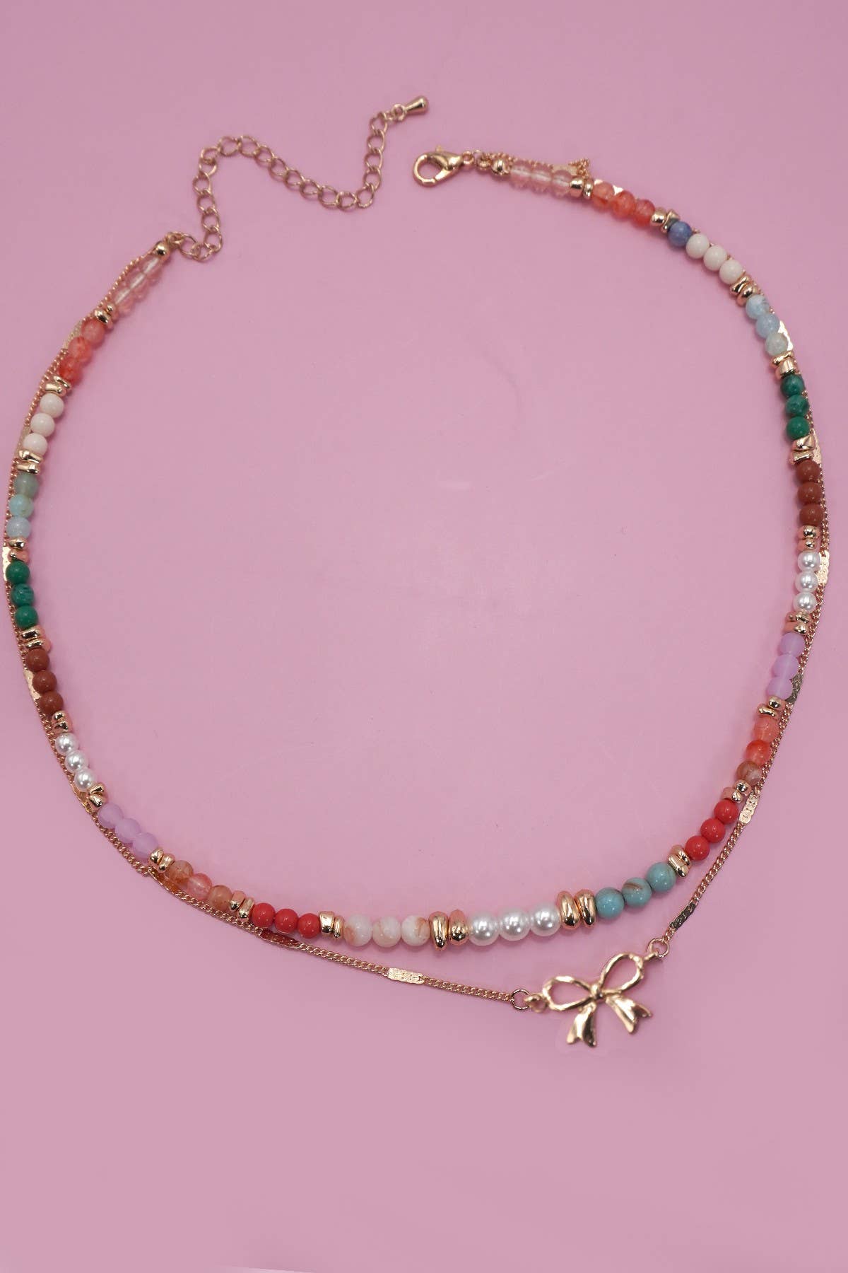 Multi Beaded Bow Charm Layered Necklace