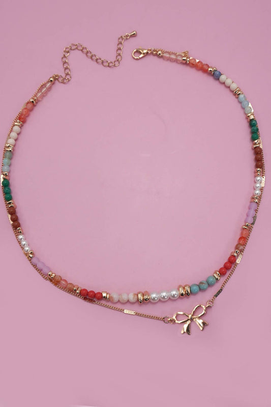 Multi Beaded Bow Charm Layered Necklace