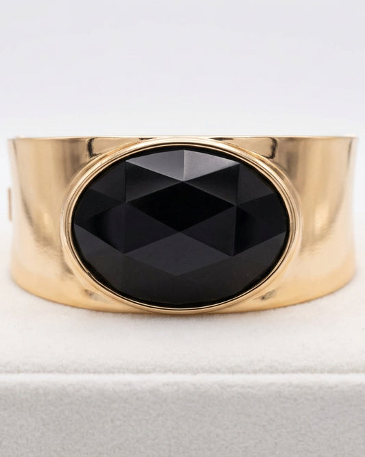 Vintage Faceted Black Onyx-Style Statement Clamper Cuff