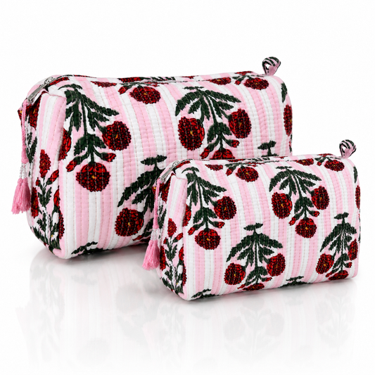 Pink Stripe Cotton Quilted Cosmetic Set
