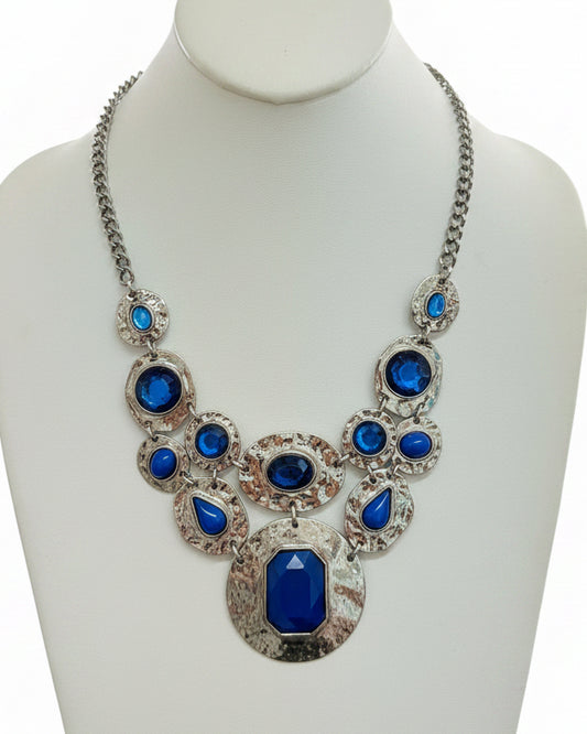 Vintage Hammered Silver & Cobalt Blue Stone Statement Bib Necklace
