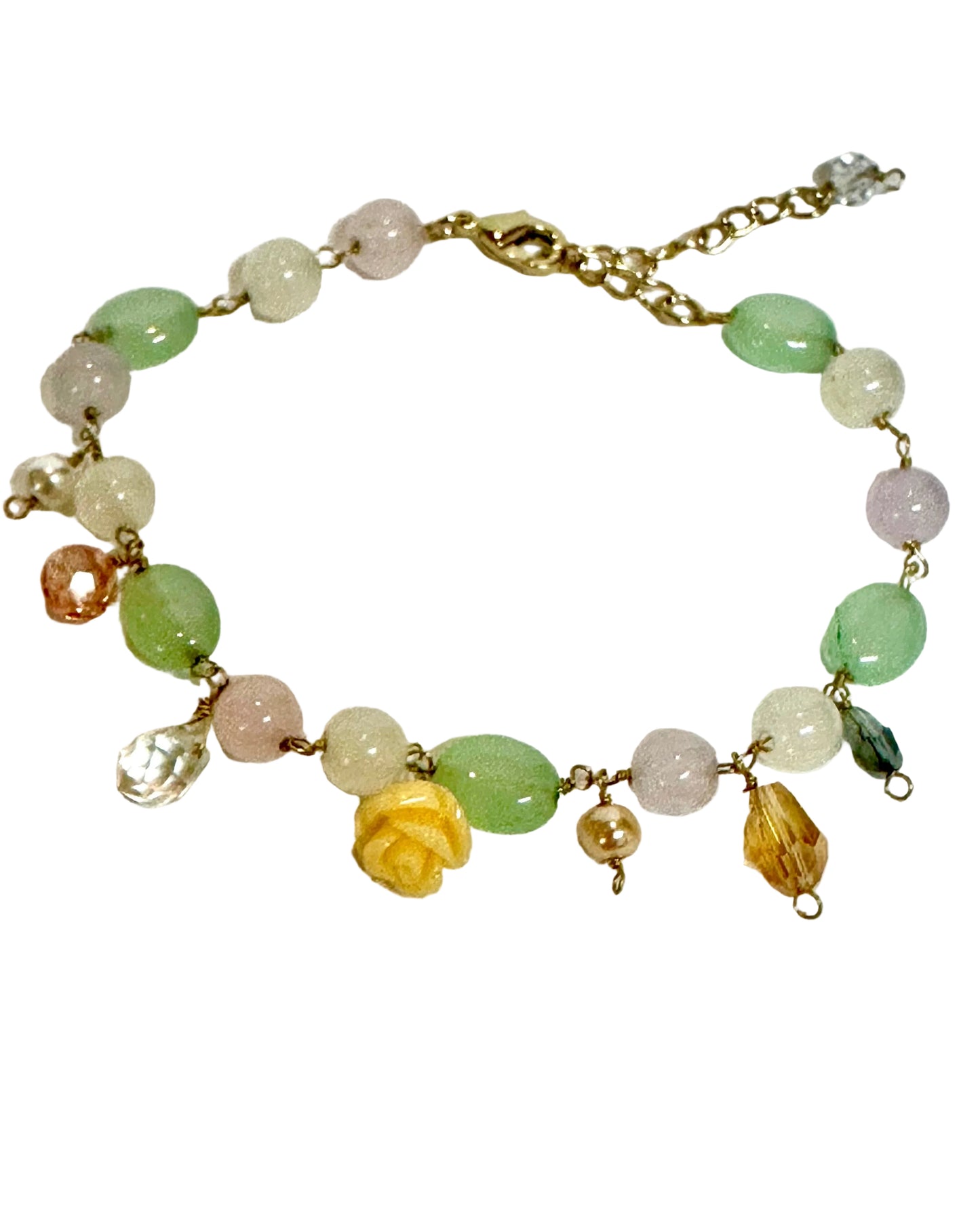 Vintage Pastel Glass Bead & Yellow Rose Charm Bracelet