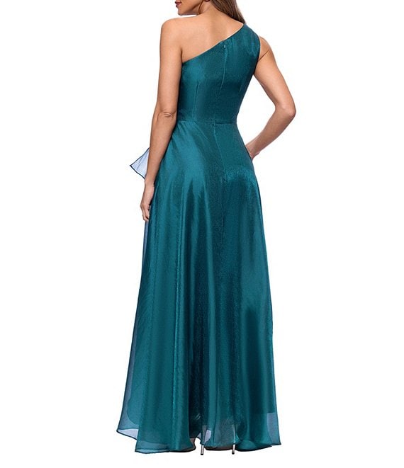 XSCAPE Metallic Draped One-Shoulder Gown
