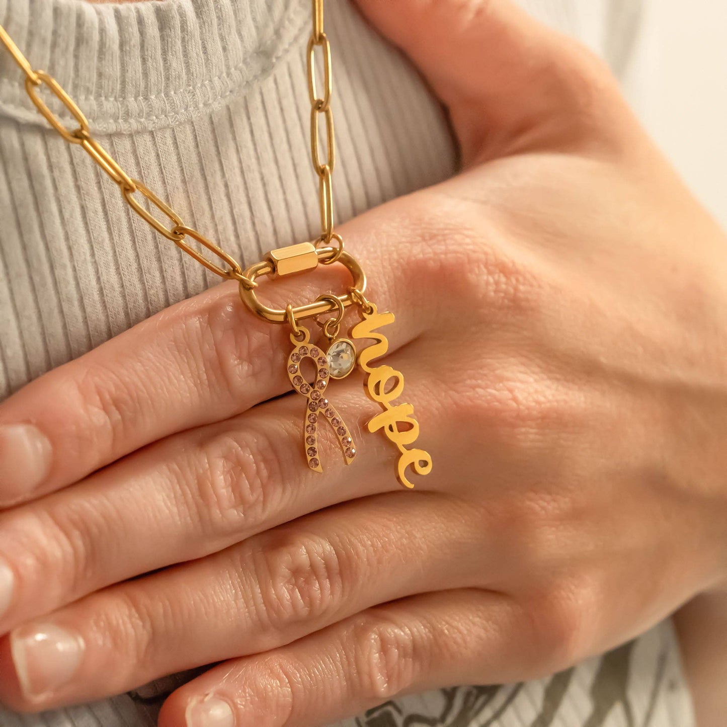 Breast Cancer Awareness Carabiner Hope Charm Necklace