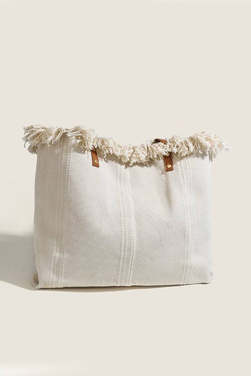 Ivory Summer Vibes Fringe Canvas Tote Bag