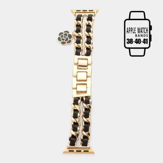 Enamel Rose Charm Faux Leather Metal Chain Apple Watch Band