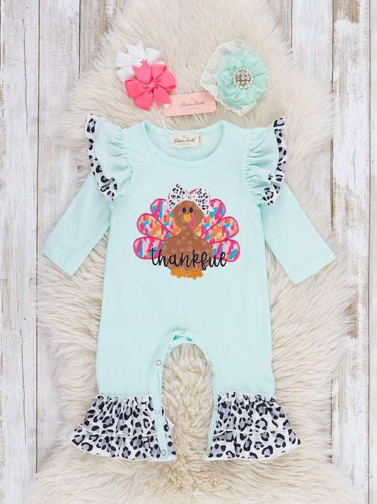 "Thankful" Embroidered Girl's Leopard Romper