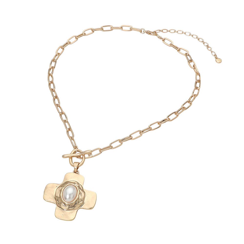 Oval Pearl Toggle Cross Pendant Necklace
