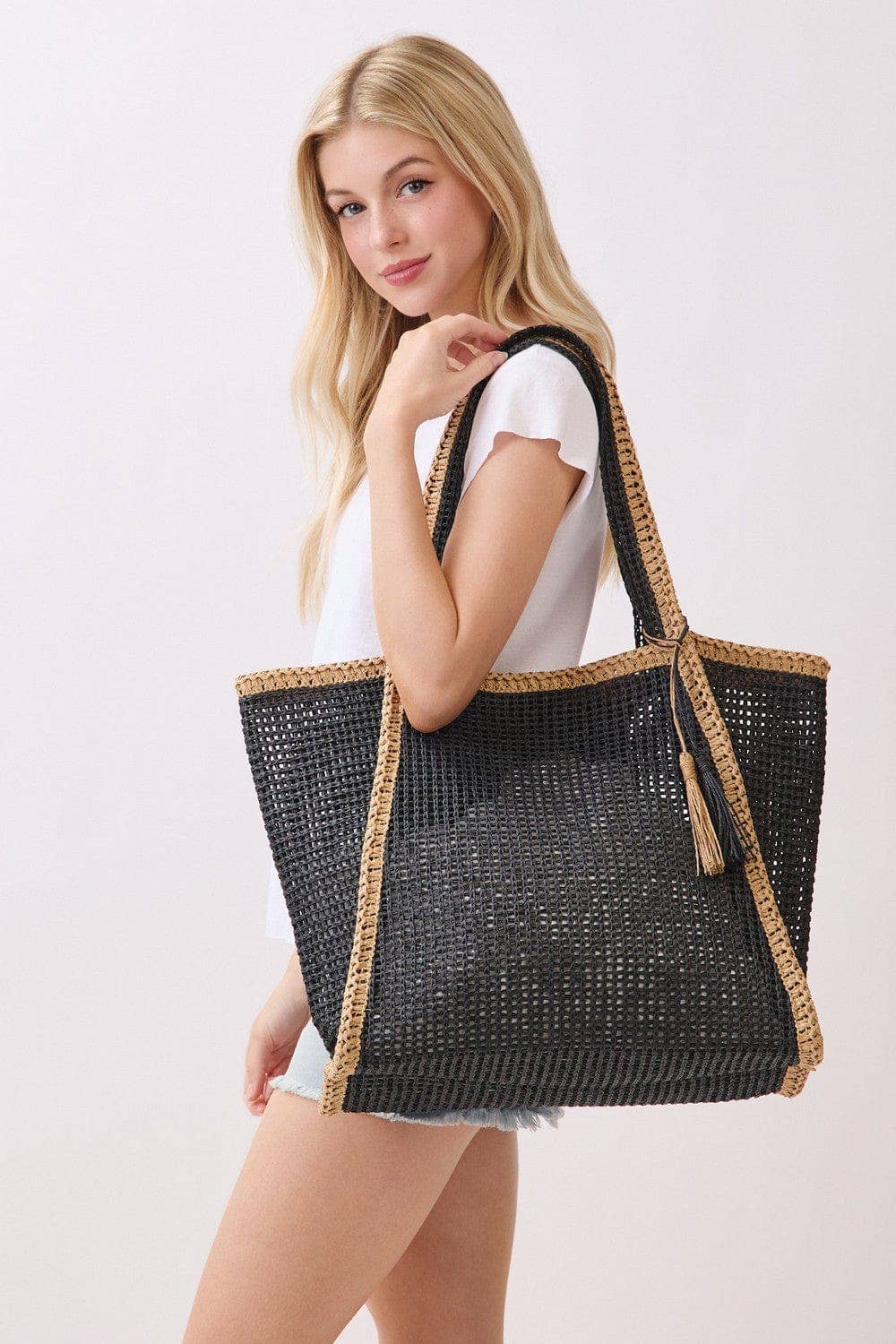 Two Tone Woven Straw Beach Tote Bag