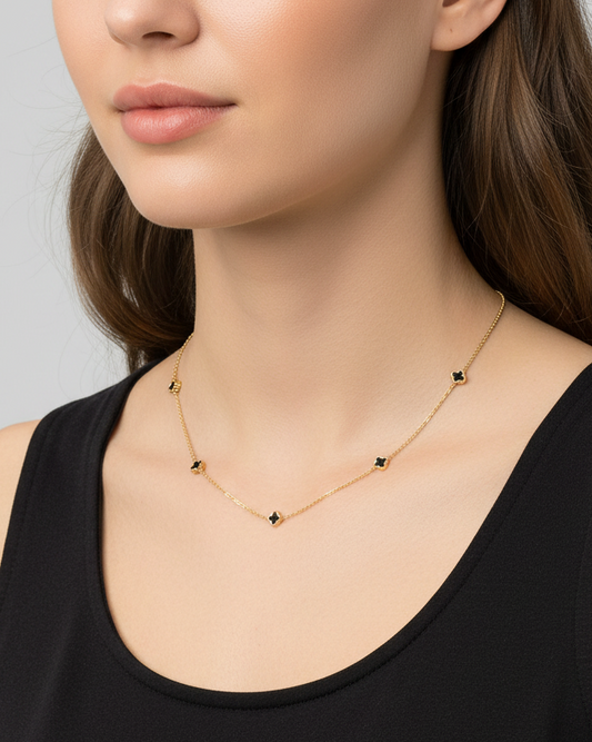 Black Stainless Steel Quatrefoil Charm Station Necklace