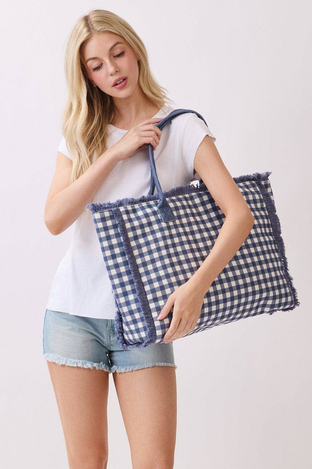 Navy Gingham Beach Tote Bag