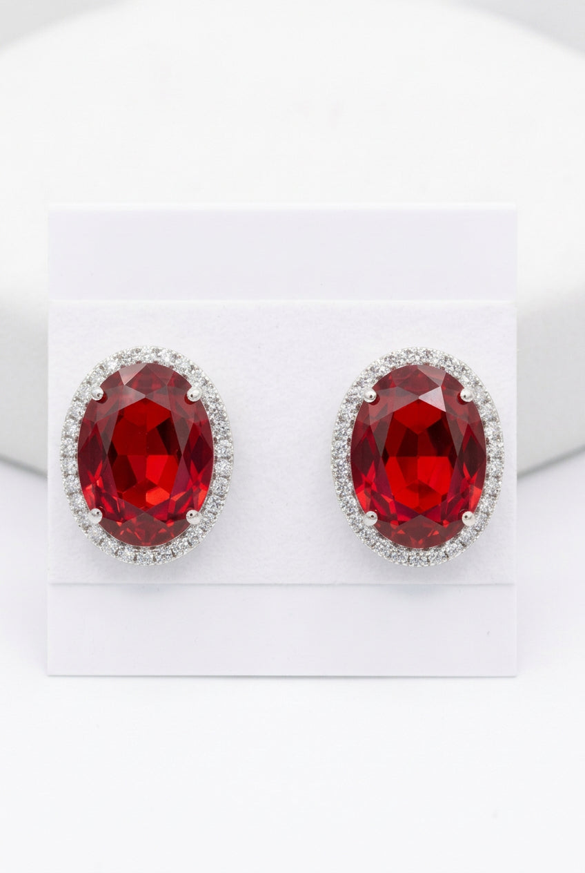 Royal Crimson Oval Halo Clip-On Statement Earrings