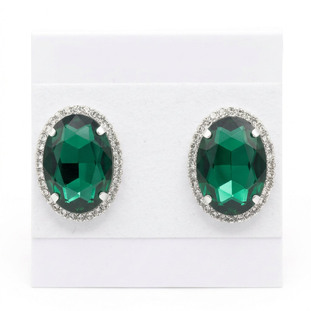 Brilliant Green Oval Halo Clip-On Statement Earrings