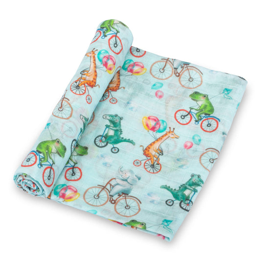 Animals on Bike Baby Muslin Swaddle Blanket