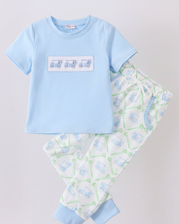 Blue Golf Cart Embroidery Pants Set