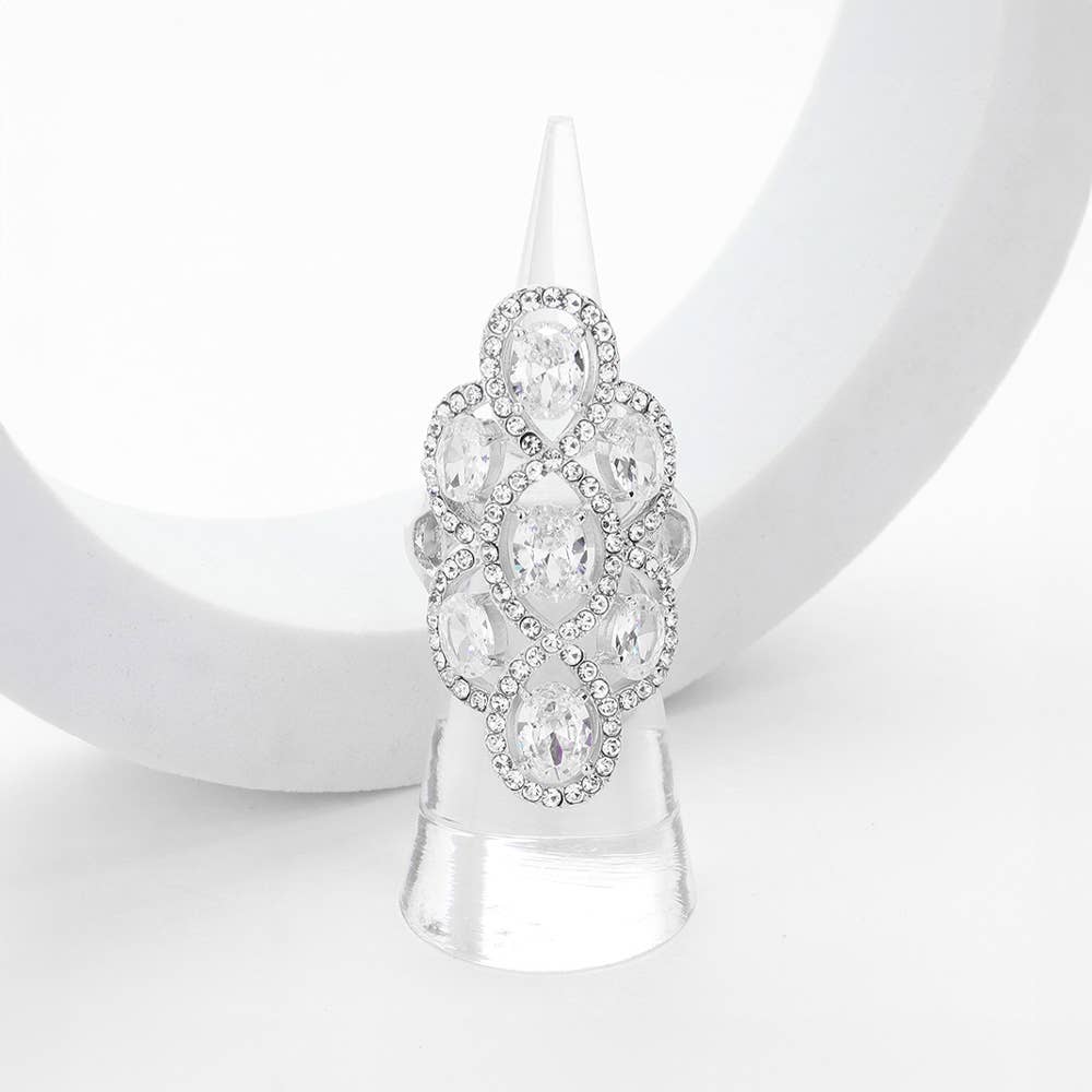 Embellished Oval CZ Stone Flower Stretch Ring