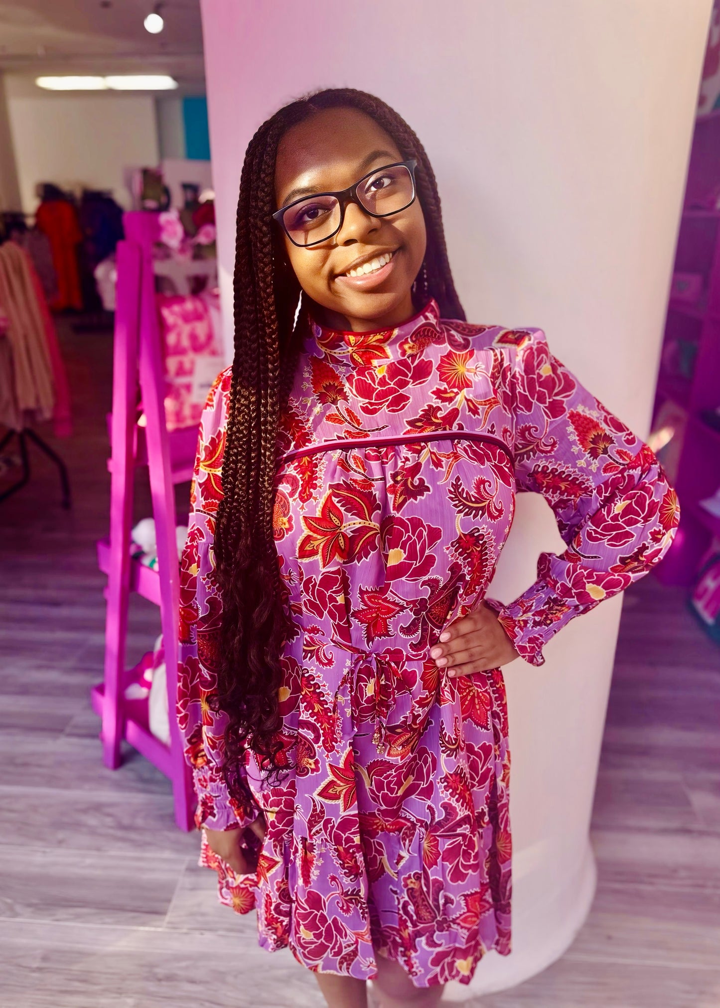 Long Sleeve Lavender Print Mini Dress