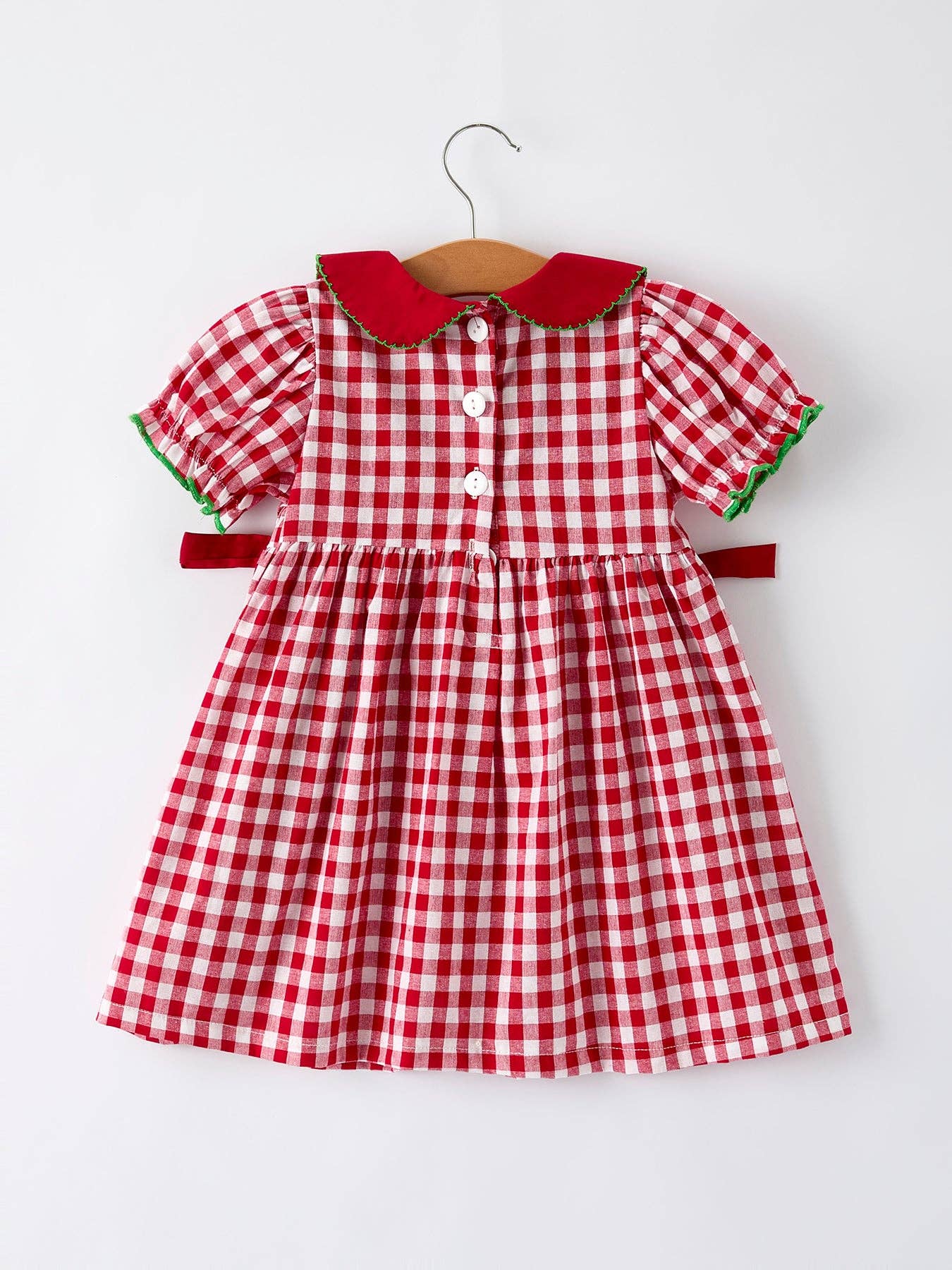 Red Plaid Holiday Dress with Tree Bow Accents
