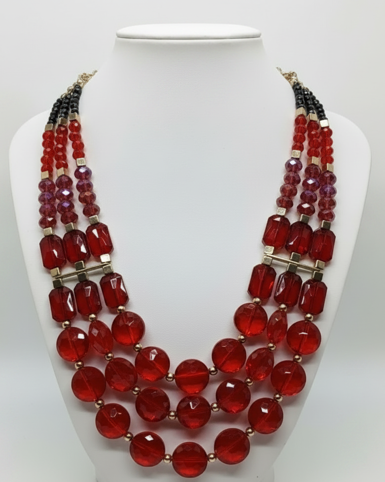 Vintage Crimson Four-Strand Statement Necklace & Earring Set