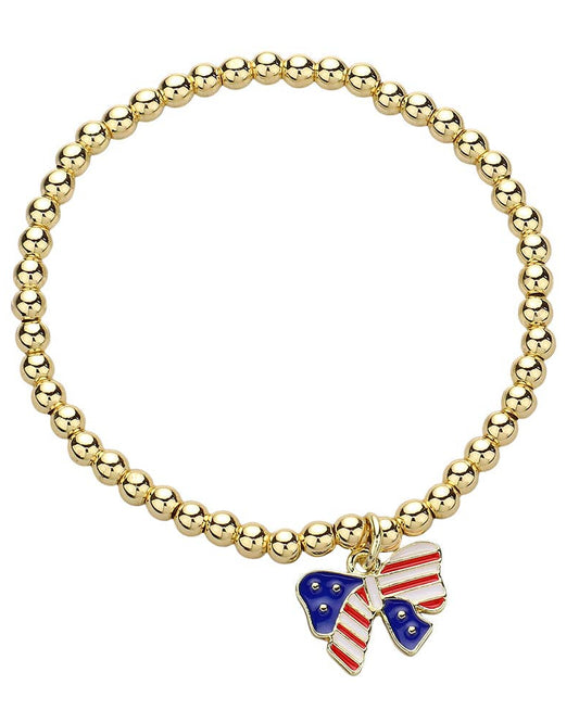 Stainless Steel USA Flag Bow Charm Bracelet
