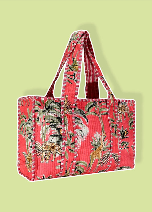 Coral Floral Cotton Tote Bag- Small & Large