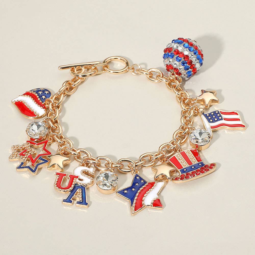 USA Flag Charm Embellished Toggle Bracelet