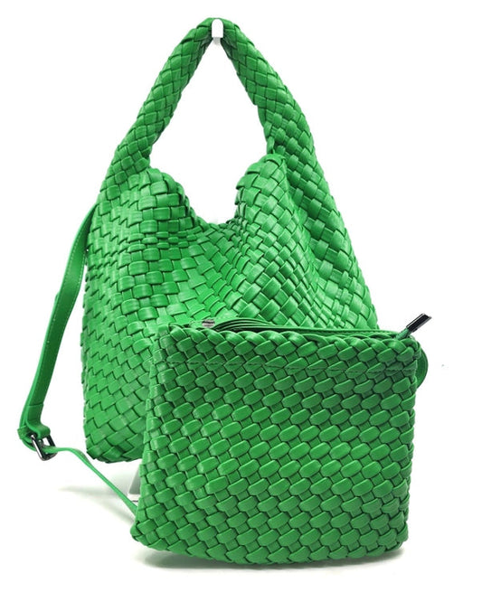 Green Woven Leather Crossbody Tote with Pouch