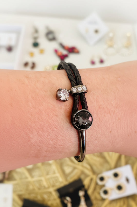 Vintage Mixed-Media Woven Cord & Hematite-Tone Crystal Bypass Bangle Bracelet
