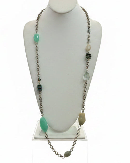 Vintage Art Glass & Textured Station Opera Length Necklace