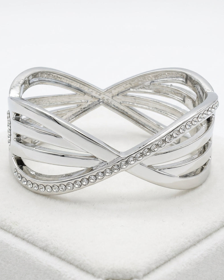 Vintage Crossover Multi-Band Pavé Crystal Hinged Cuff – Silver Tone