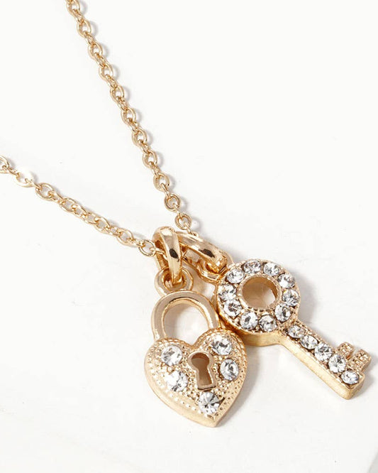 Rhinestone Paved Key Heart Lock Pendant Necklace